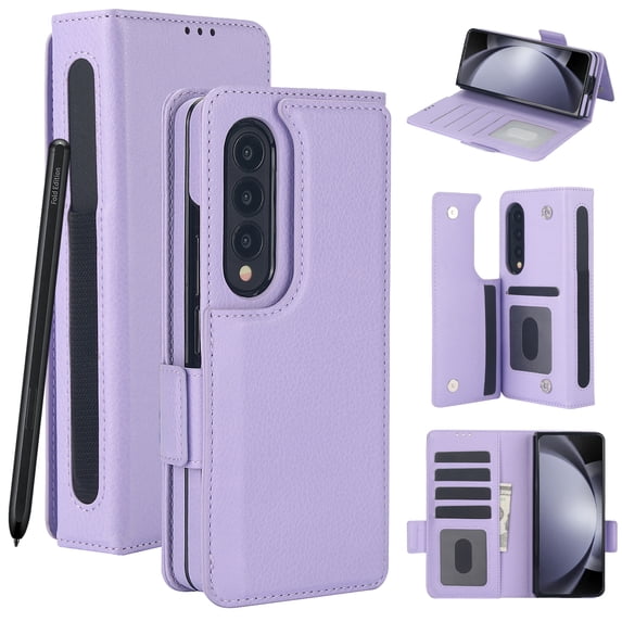 Dteck for Samsung Galaxy Z Fold 4 Wallet Case with 6 Credit Card Slots and S-Pen Slot,RFID Blocking Multi Card Function Magnetic Clasp Kickstand for Man Women, Purple