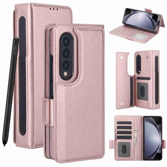 Dteck for Samsung Galaxy Z Fold 4 Wallet Case with 6 Credit Card Slots and S-Pen Slot,RFID Blocking Multi Card Function Magnetic Clasp Kickstand for Man Women, Rosegold