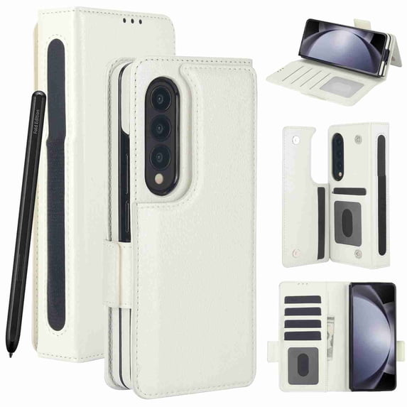 Dteck for Samsung Galaxy Z Fold 4 Wallet Case with 6 Credit Card Slots and S-Pen Slot,RFID Blocking Multi Card Function Magnetic Clasp Kickstand for Man Women, White