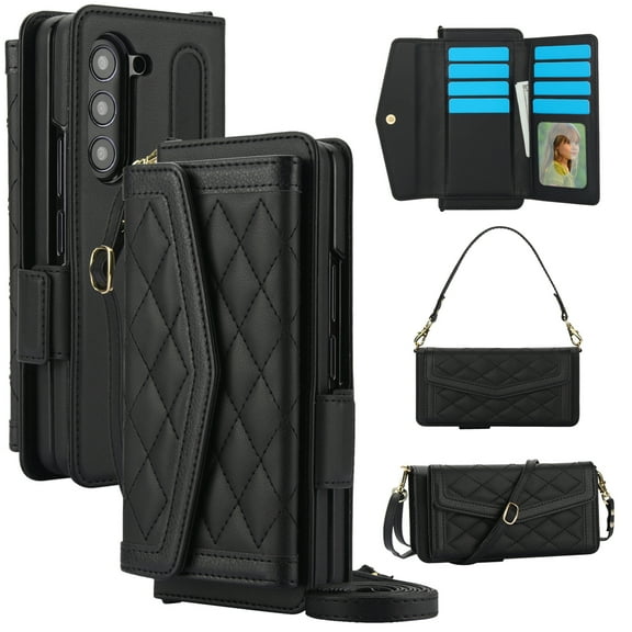 Dteck for Samsung Galaxy Z Fold 4 Wallet Case with S Pen Holder for Women, Crossbody Wallet Z Fold 4 Phone Case with 12-Card Slots, PU Leather Flip Case with Strap Wristlet & Shoulder Strap,Black