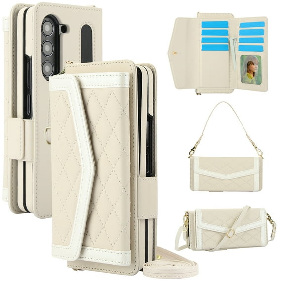 Dteck for Samsung Galaxy Z Fold 4 Wallet Case with S Pen Holder for Women, Crossbody Wallet Z Fold 4 Phone Case with 12-Card Slots, PU Leather Flip Case with Strap Wristlet & Shoulder Strap,Beige