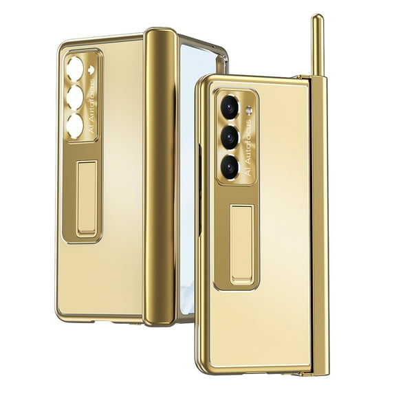 Dteck for Samsung Galaxy Z Fold 5 2023 Case with Built in Screen Protector, Aluminum Alloy Kickstand Case with Pen, Removable Hinge Protection Holder Full Body Protective Cover,Gold