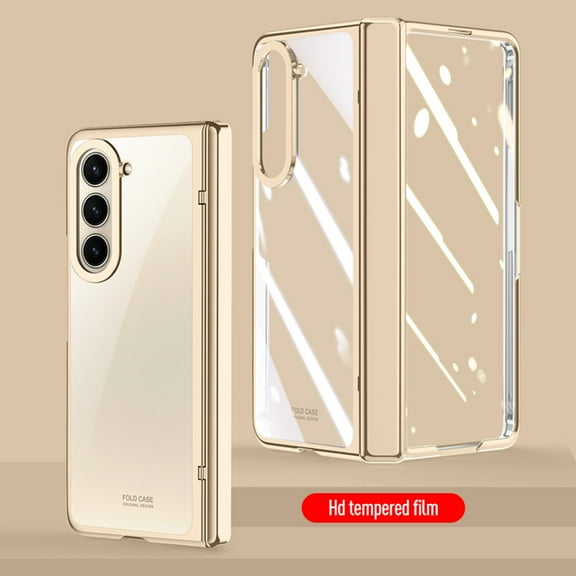 Dteck for Samsung Galaxy Z Fold 5 Case with Built-in Screen Protector, Ultra Slim Crystal Z Fold 5 Case Clear Plating Hinge Protection Protective Cover for Samsung Galaxy Z Fold5 5G,Gold