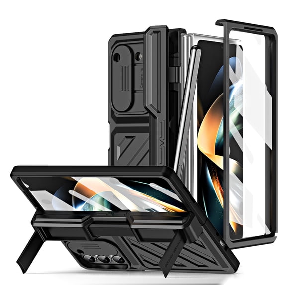 Dteck for Samsung Galaxy Z Fold 5 Case, Galaxy Z Fold5 5G Case with Slide Camera Lens Cover, Built-in Screen Protector & Invisible Kickstand, Heavy Duty Full Body Protective Case with Stylus,Black