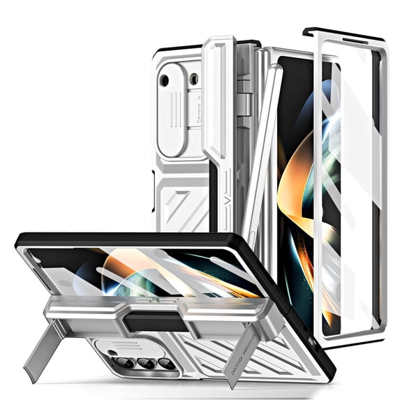 Dteck for Samsung Galaxy Z Fold 5 Case, Galaxy Z Fold5 5G Case with Slide Camera Lens Cover, Built-in Screen Protector & Invisible Kickstand, Heavy Duty Full Body Protective Case with Stylus,Silver
