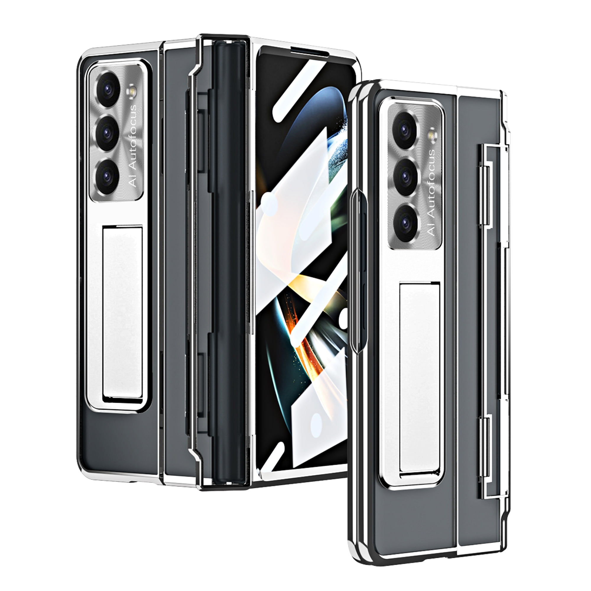 Dteck for Samsung Galaxy Z Fold 5 Case, Hinge Protection with Kickstand, Transparent Clear Back Cover with Built-in Screen Protector Shockproof Full Protective Phone Case for Z Fold5 2023,Silver