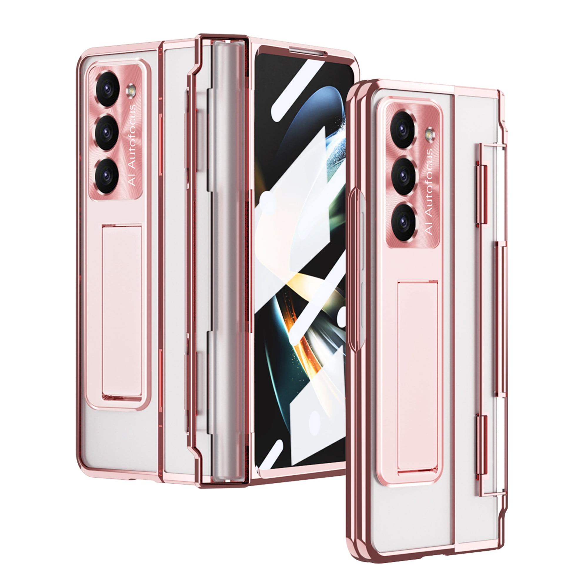 Dteck for Samsung Galaxy Z Fold 5 Case, Hinge Protection with Kickstand, Transparent Clear Back Cover with Built-in Screen Protector Shockproof Full Protective Phone Case for Z Fold5 2023,Rosegold