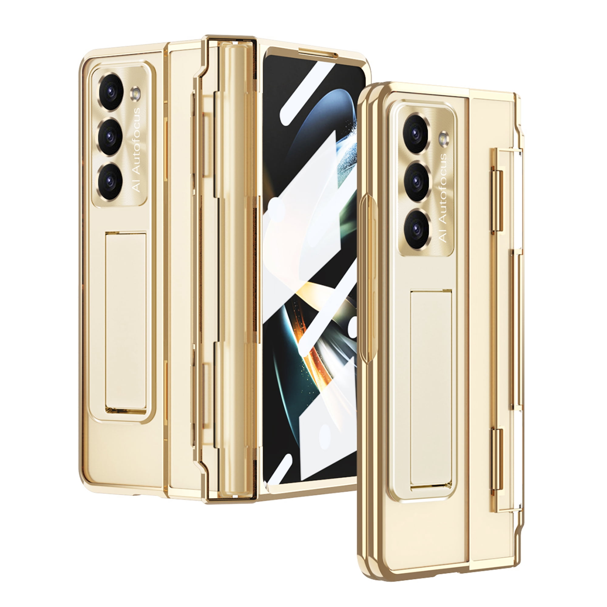 Dteck for Samsung Galaxy Z Fold 5 Case, Hinge Protection with Kickstand, Transparent Clear Back Cover with Built-in Screen Protector Shockproof Full Protective Phone Case for Z Fold5 2023,Gold