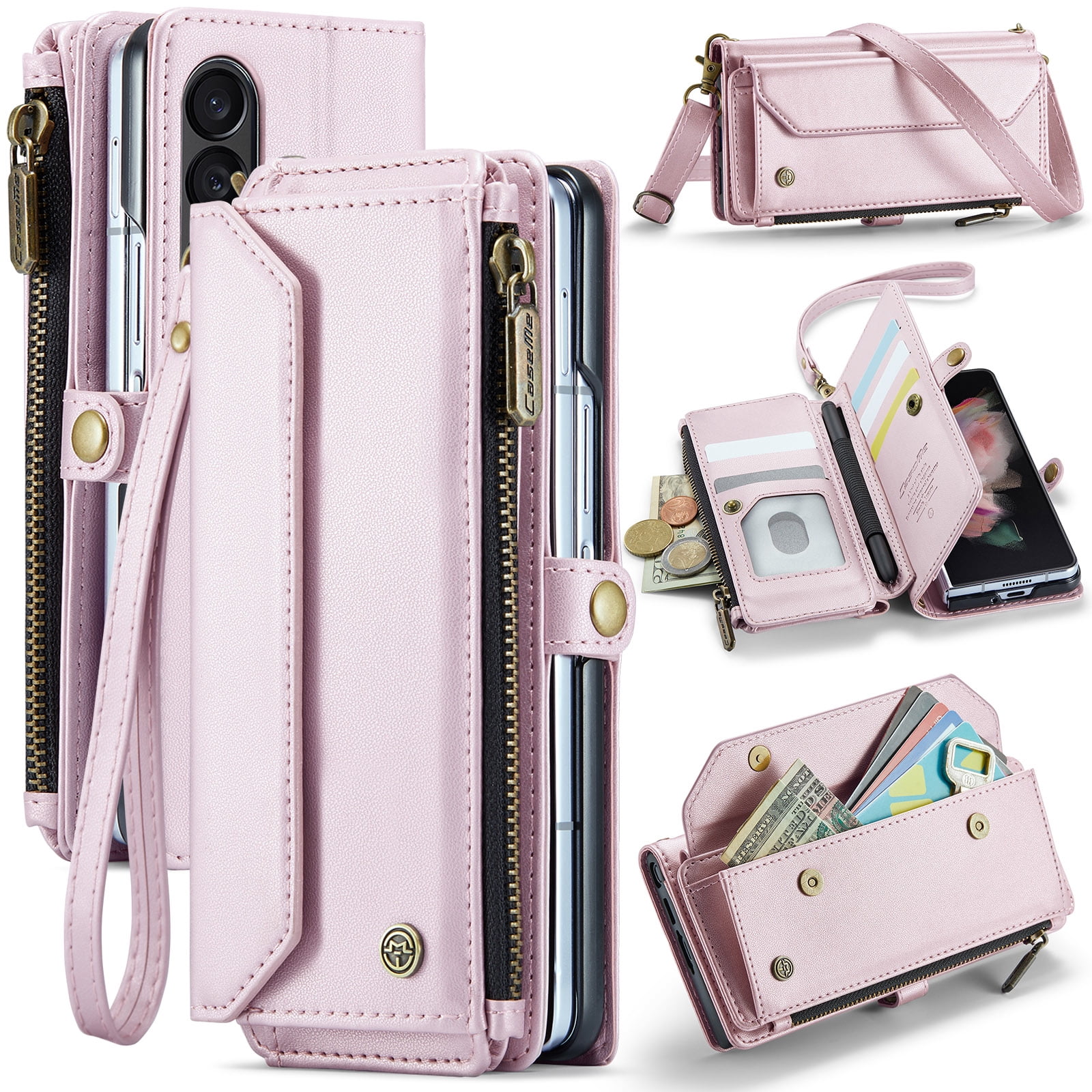 Dteck for Samsung Galaxy Z Fold 5 Case with RFID Blocking Wallet Case for Women Men, Shockproof PU Leather Magnetic Flip Strap Zipper Card Holder Phone Case,Pink
