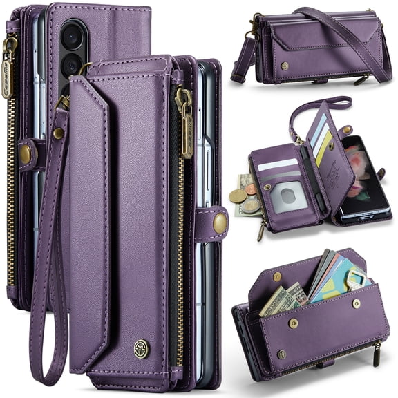 Dteck for Samsung Galaxy Z Fold 5 Case with RFID Blocking Wallet Case for Women Men, Shockproof PU Leather Magnetic Flip Strap Zipper Card Holder Phone Case,Purple