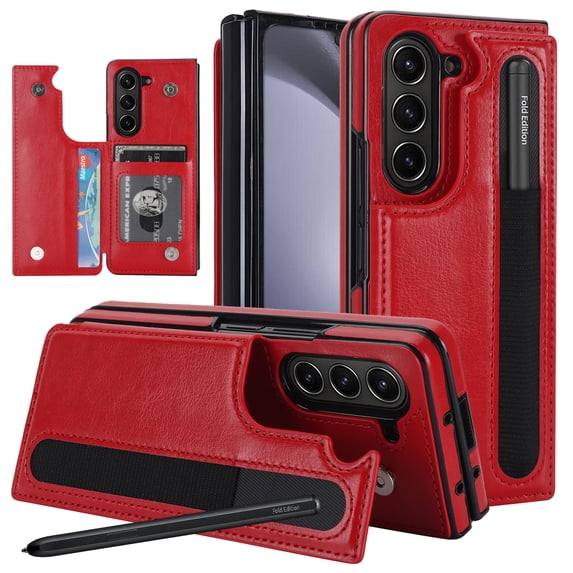 Dteck for Samsung Galaxy Z Fold 5 Case with S Pen Holder, Galaxy Z Fold 5 Wallet Case with Card Holder, Fold PU Leather Magnetic Clasp Kickstand Protective Cover for Samsung Galaxy Z Fold5 5G,Red