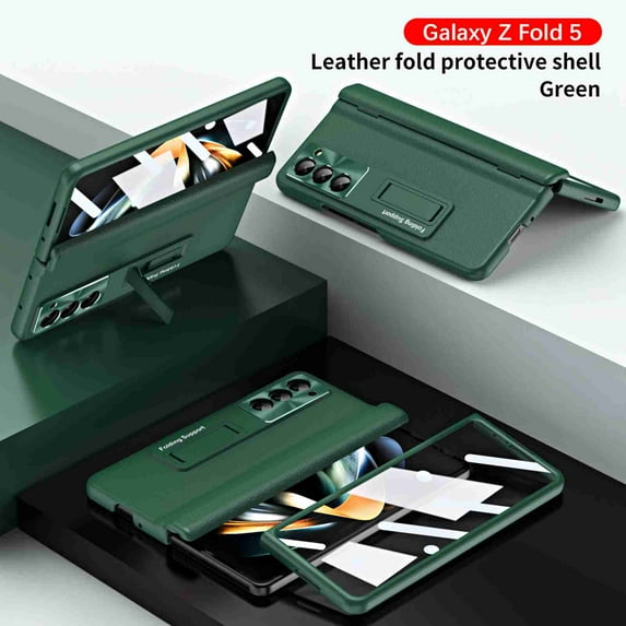 Dteck for Samsung Galaxy Z Fold 5 Case with Screen Protector, Shockproof Hinge Protection Foldable Kickstand Ultra Thin Hard PU Leather Protective Cover for Samsung Galaxy Z Fold5 5G 2023,Green