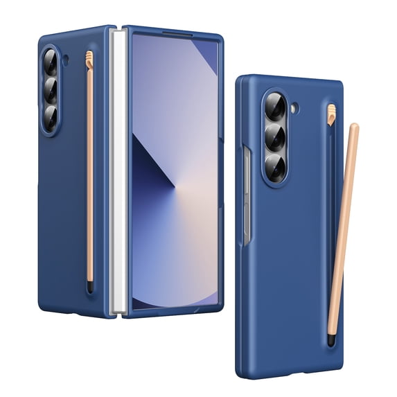 Dteck for Samsung Galaxy Z Fold 5 Case with Tempered Glass Screen Protector, Durable Hard Rugged Case with S Pen Holder + Free Stylus for Galaxy Z Fold 5,Blue