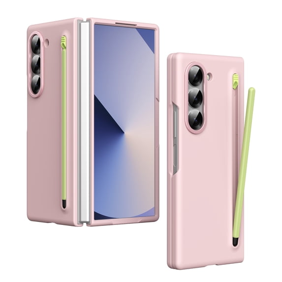 Dteck for Samsung Galaxy Z Fold 5 Case with Tempered Glass Screen Protector, Durable Hard Rugged Case with S Pen Holder + Free Stylus for Galaxy Z Fold 5,Pink
