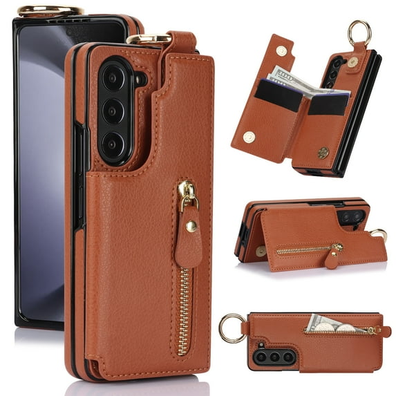 Dteck for Samsung Galaxy Z Fold 5 Case Wallet with Card Holder, PU Leather Zipper Pocket Card Slots Front Cover Flip Kickstand Shockproof Phone Case for Galaxy Z Fold5 5G,Brown
