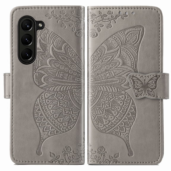 Dteck for Samsung Galaxy Z Fold 5 Case Wallet with Credit Card Slots, Embossed Butterfly PU Leather Folio Flip Case with Wristlet Strap for Samsung Galaxy Z Fold5 5G,Gray