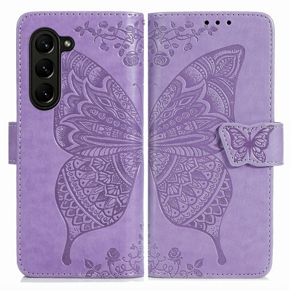 Dteck for Samsung Galaxy Z Fold 5 Case Wallet with Credit Card Slots, Embossed Butterfly PU Leather Folio Flip Case with Wristlet Strap for Samsung Galaxy Z Fold5 5G,Light Purple