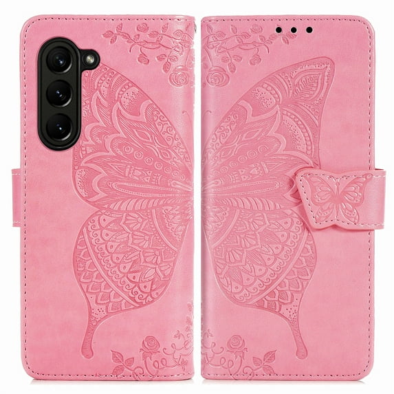 Dteck for Samsung Galaxy Z Fold 5 Case Wallet with Credit Card Slots, Embossed Butterfly PU Leather Folio Flip Case with Wristlet Strap for Samsung Galaxy Z Fold5 5G,Pink