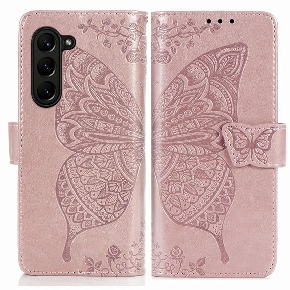 Dteck for Samsung Galaxy Z Fold 5 Case Wallet with Credit Card Slots, Embossed Butterfly PU Leather Folio Flip Case with Wristlet Strap for Samsung Galaxy Z Fold5 5G,Rosegold