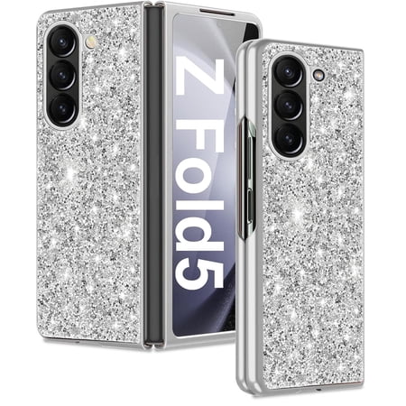 Dteck for Samsung Galaxy Z Fold 5 Case, Z Fold5 Glitter Case for Women Girls, Slim Ultra Thin Matte Sparkle Shiny Hard PC Shockproof Protective Cover for Samsung Galaxy Z Fold5,Silver