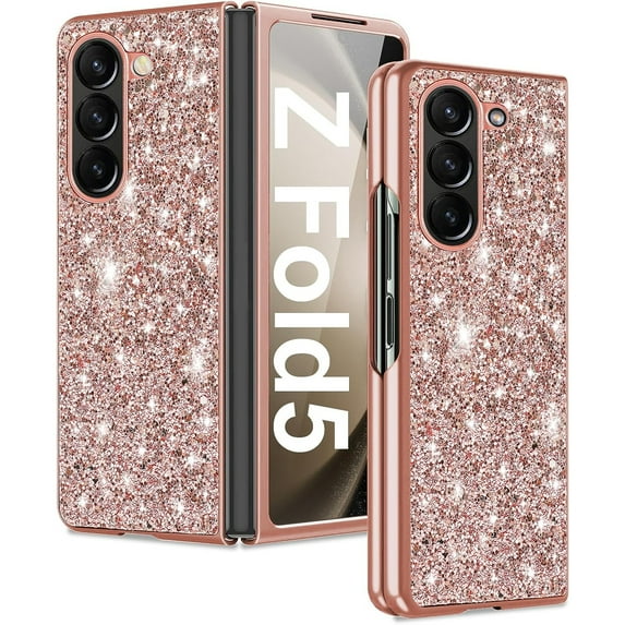 Dteck for Samsung Galaxy Z Fold 5 Case, Z Fold5 Glitter Case for Women Girls, Slim Ultra Thin Matte Sparkle Shiny Hard PC Shockproof Protective Cover for Samsung Galaxy Z Fold5,Rosegold