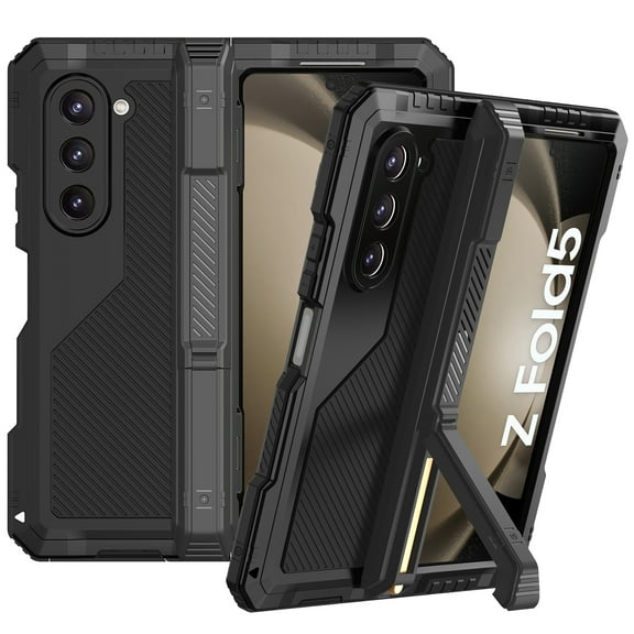 Dteck for Samsung Galaxy Z Fold 5 Metal Case with Hinge Protection, Z Fold 5 Aluminum Frame Soft Silicone Military Heavy Duty Hard Case with Kickstand for Samsung Galaxy Z Fold5 5G,Black