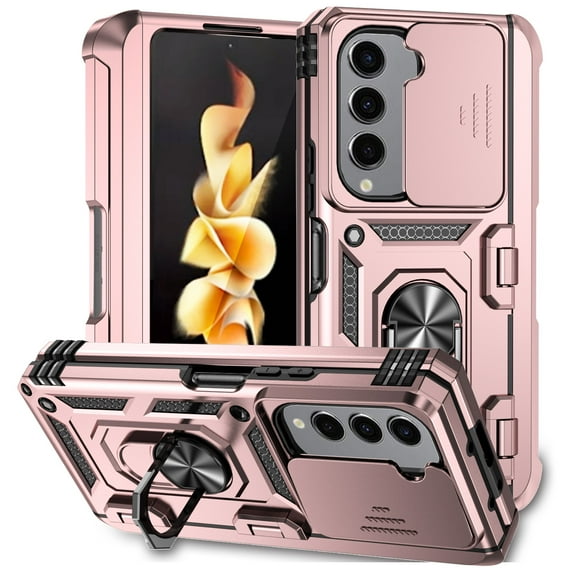 Dteck for Samsung Galaxy Z Fold 5 Phone Case, Ring Magnetic Kickstand & Slide Camera Cover, Shockproof Armor work with Car Mount Holder Case for Samsung Galaxy Z Fold 5 5G,Rosegold