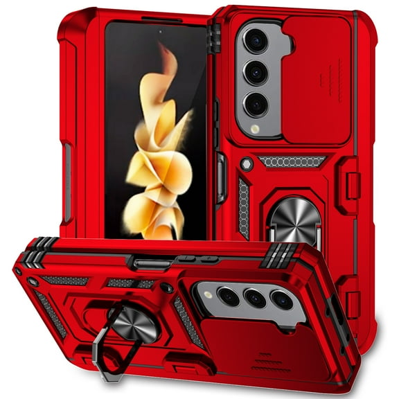 Dteck for Samsung Galaxy Z Fold 5 Phone Case, Ring Magnetic Kickstand & Slide Camera Cover, Shockproof Armor work with Car Mount Holder Case for Samsung Galaxy Z Fold 5 5G,Red