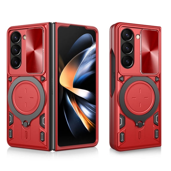 Dteck for Samsung Galaxy Z Fold 5 Ring Stand Case, Shockproof Magnetic for Car Mount Holder with Slide Lens Protection, Ultra Slim Lightweight Case Hybrid Hard PC Rugged Heavy Duty Cover, Red