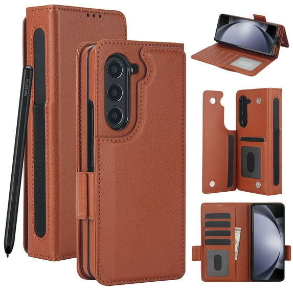 Dteck for Samsung Galaxy Z Fold 5 Wallet Case with 6 Credit Card Slots and S-Pen Slot,RFID Blocking Multi Card Function Magnetic Clasp Kickstand for Man Women, Brown