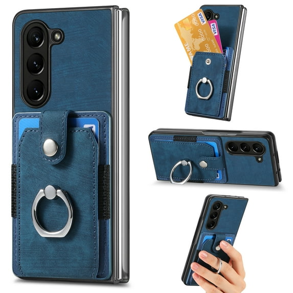 Dteck for Samsung Galaxy Z Fold 5 Wallet Case with Credit Card Slot Holder, Shockproof Ring Stand for Car Mount Holder Non-Slip Slim PU Leather Slim Fit Case,Blue