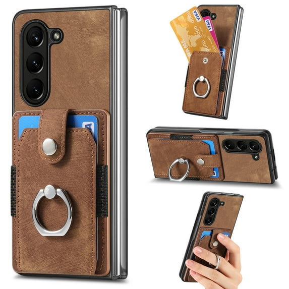 Dteck for Samsung Galaxy Z Fold 5 Wallet Case with Credit Card Slot Holder, Shockproof Ring Stand for Car Mount Holder Non-Slip Slim PU Leather Slim Fit Case,Brown