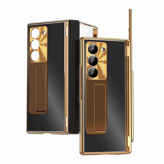 Dteck for Samsung Galaxy Z Fold 6 2024 Case with Built in Screen Protector, Aluminum Alloy Kickstand Case with Pen, Removable Hinge Protection Holder Full Body Protective Cover,Black + Dark Gold