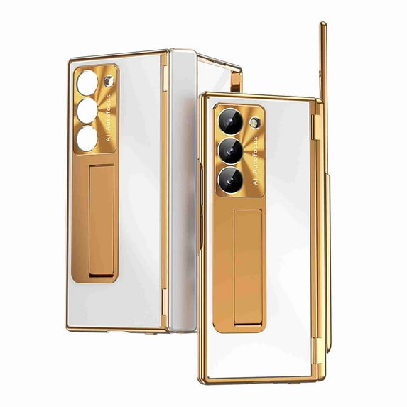 Dteck for Samsung Galaxy Z Fold 6 2024 Case with Built in Screen Protector, Aluminum Alloy Kickstand Case with Pen, Removable Hinge Protection Holder Full Body Protective Cover,Silver + Dark Gold