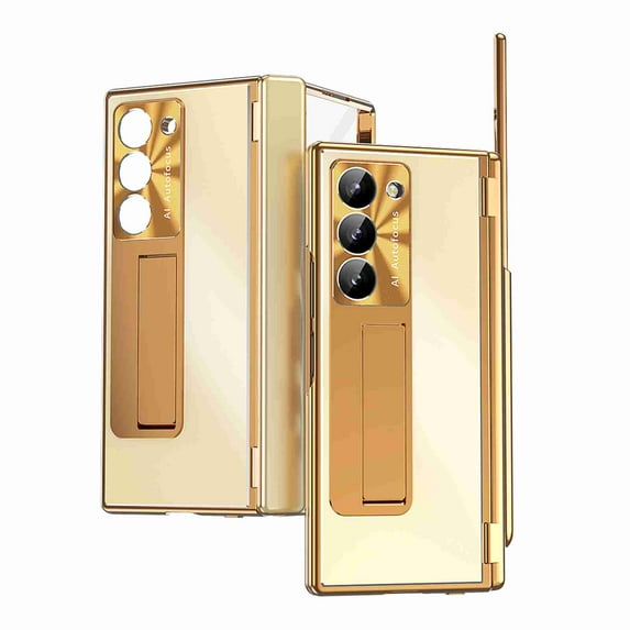 Dteck for Samsung Galaxy Z Fold 6 2024 Case with Built in Screen Protector, Aluminum Alloy Kickstand Case with Pen, Removable Hinge Protection Holder Full Body Protective Cover,Gold + Dark Gold