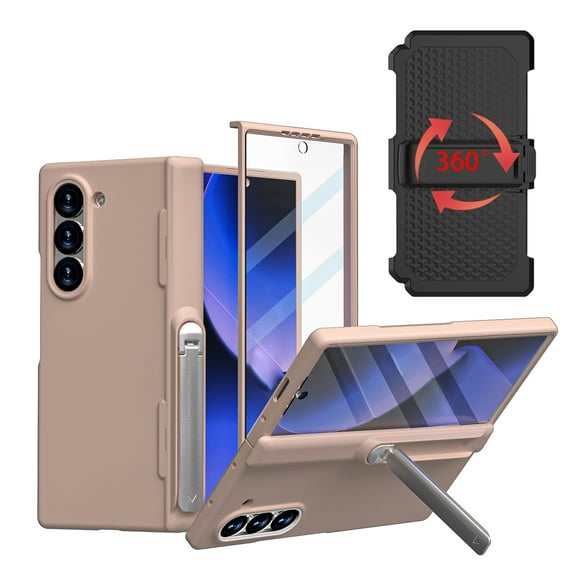 Dteck for Samsung Galaxy Z Fold 6 Case with Belt Clip Holster & Front Screen Protector, Hinge Protection with Invisible Kickstand Full Body Rugged Protective Case for Samsung Galaxy Z Fold6, Pink