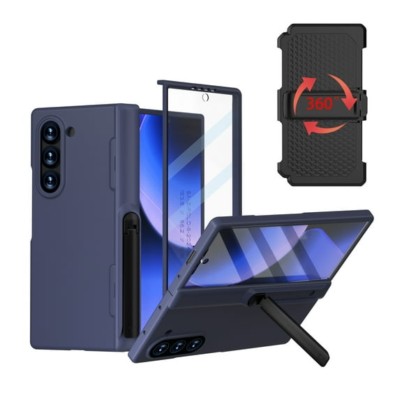 Dteck for Samsung Galaxy Z Fold 6 Case with Belt Clip Holster & Front Screen Protector, Hinge Protection with Invisible Kickstand Full Body Rugged Protective Case for Samsung Galaxy Z Fold6, Deep Blue