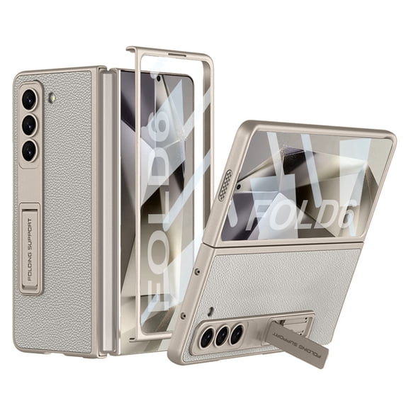 Dteck for Samsung Galaxy Z Fold 6 Case with Built-in Screen Protector, Adjustable Kickstand Slim Fit PU Leather Phone Cover for Smsung Z Fold6 5G,Titanium
