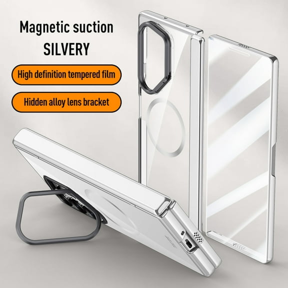 Dteck for Samsung Galaxy Z Fold 6 Case with Built-in Screen Protector & Hinge Protection,Z Fold6 Magnetic Case Compatible with MagSafe,Built-in Camera Ring Stand, Slim Fit Plating Bumper Cover,Silver