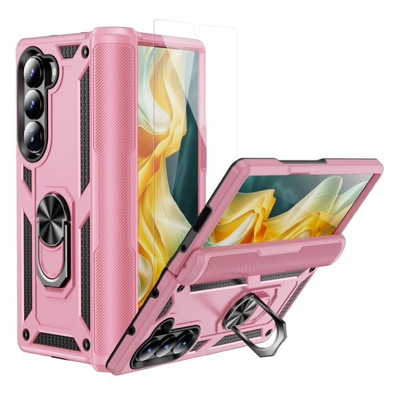 Dteck for Galaxy Z Fold 6 Case with Screen Protector, Hinge Protection Case with Rotating Ring Magnetic Kickstand, Hybrid Shockproof Rugged Case for Samsung Galaxy Z Fold 6 5G,Pink