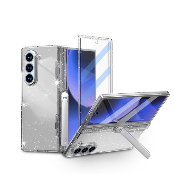 Dteck for Samsung Galaxy Z Fold 6 Case with Hinge Protection & Kickstand,Convenient Invisible Bracket,Built-in Front Screen Protector Full Body Protective Hinge Case for Samsung Z Fold 6,Glitter Clear