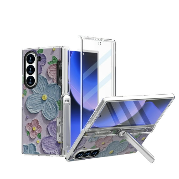 Dteck for Samsung Galaxy Z Fold 6 Case with Hinge Protection & Kickstand, Convenient Invisible Bracket, Built-in Front Screen Protector Full Body Protective Hinge Case for Samsung Z Fold 6,Flower