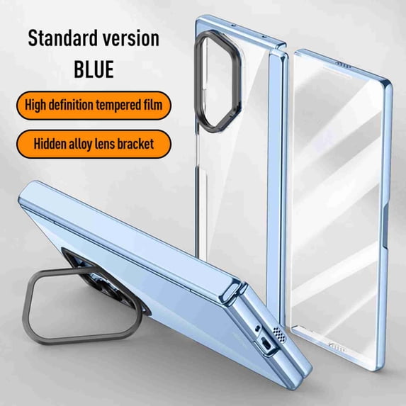 Dteck for Samsung Galaxy Z Fold 6 Case with Hinge Protection, Ultra Slim Plating Hard PC Clear Case with Hidden Stand Full Body Shockproof Case with Metal Camera Protector,Blue + HD Screen Protector