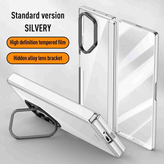 Dteck for Samsung Galaxy Z Fold 6 Case with Hinge Protection, Ultra Slim Plating Hard PC Clear Case with Hidden Stand Full Body Shockproof Case with Metal Camera Protector,Silver+HD Screen Protector