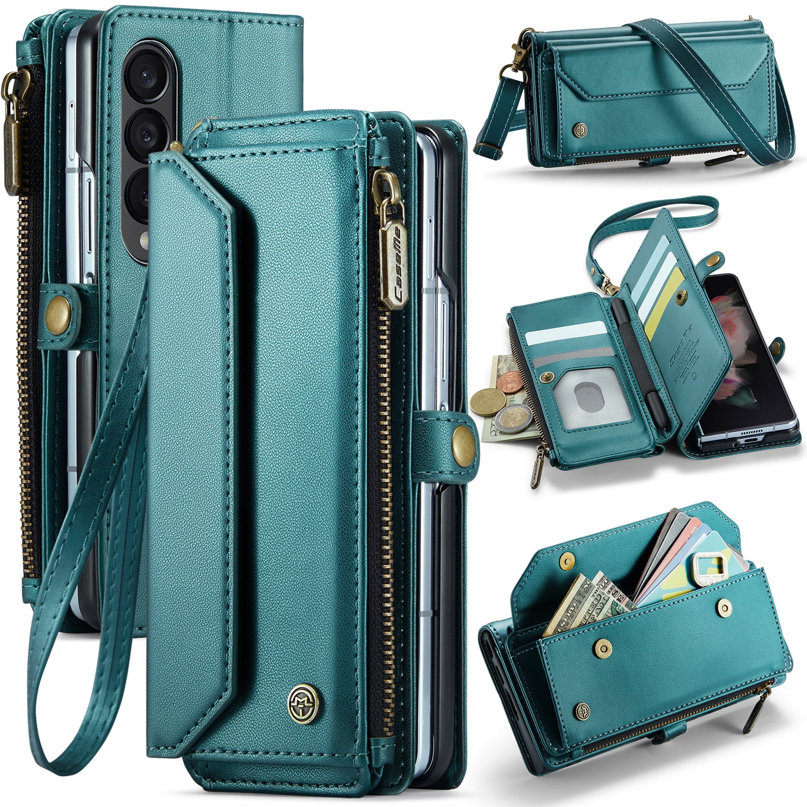 Dteck for Samsung Galaxy Z Fold 6 Case with RFID Blocking Wallet Case for Women Men, Shockproof PU Leather Magnetic Flip Strap Zipper Card Holder Phone Case,Green