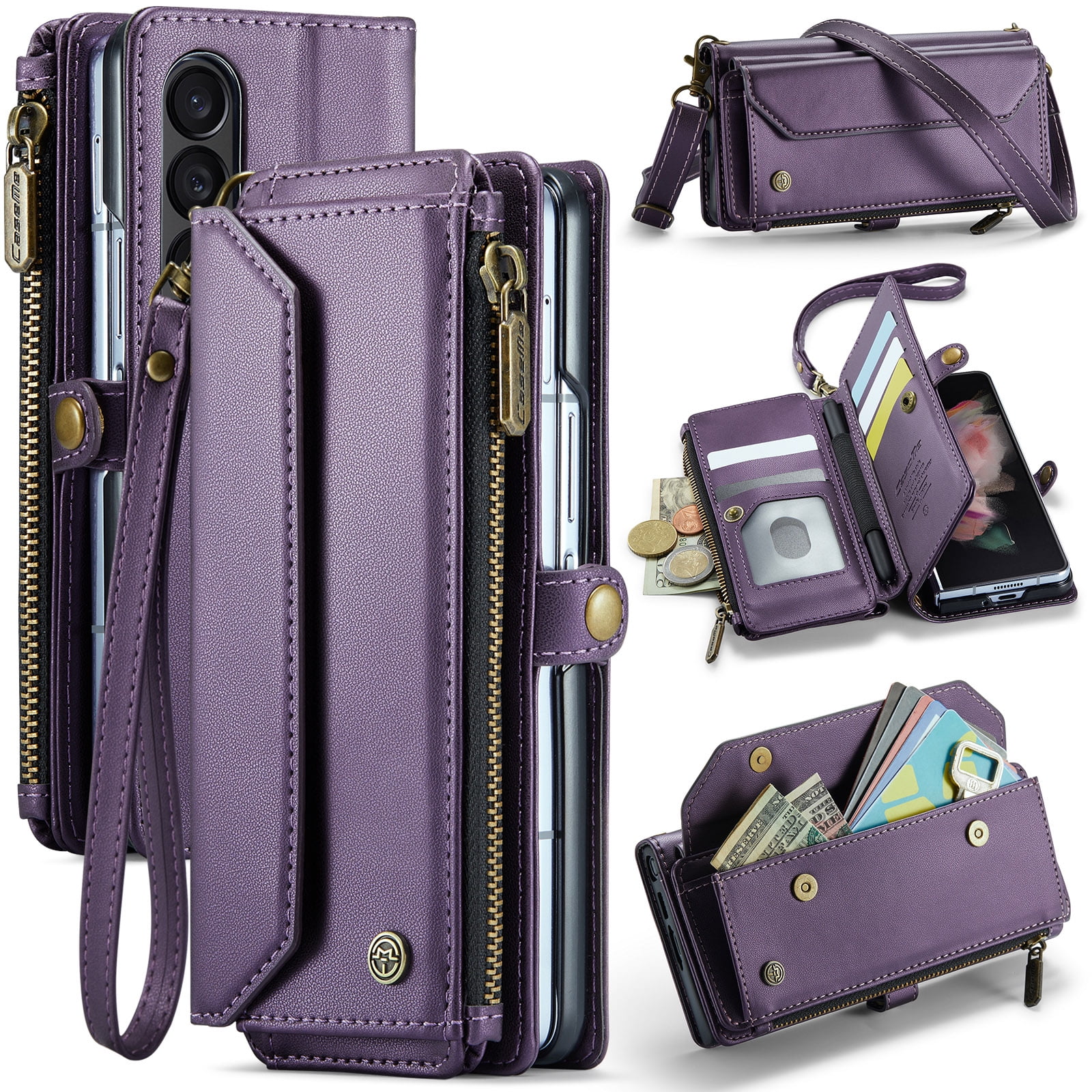 Dteck for Samsung Galaxy Z Fold 6 Case with RFID Blocking Wallet Case for Women Men, Shockproof PU Leather Magnetic Flip Strap Zipper Card Holder Phone Case,Purple