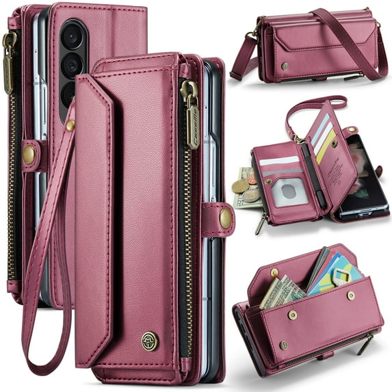 Dteck for Samsung Galaxy Z Fold 6 Case with RFID Blocking Wallet Case for Women Men, Shockproof PU Leather Magnetic Flip Strap Zipper Card Holder Phone Case,Winered