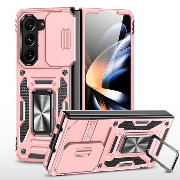 Dteck for Samsung Galaxy Z Fold 6 Case with Ring Holder Stand Lens Protection, Compatible with Magnetic Car Mount, Heavy Duty Hybrid Shockproof Rugged Case for Samsung Galaxy Z Fold 6Rosegold