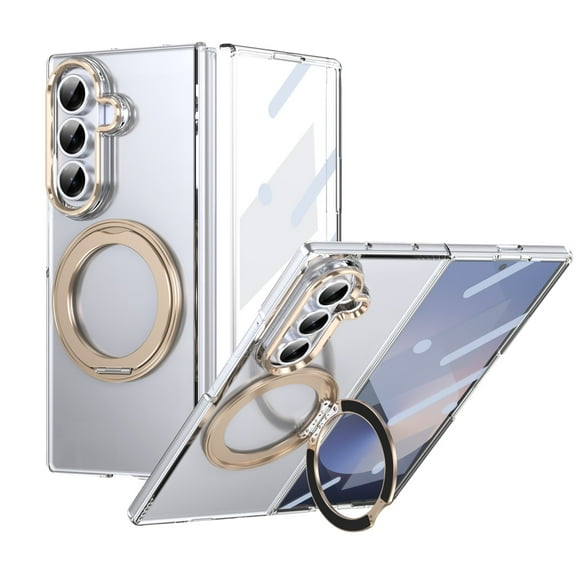 Dteck for Samsung Galaxy Z Fold 6 Case with Rotating Metal Ring Stand, For Z Fold 6 Case with Built-in Screen Protector, Full Body Shockproof Anti Yellowing Slim Hard PC Clear Cover,Desertgold