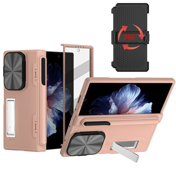 Dteck for Samsung Galaxy Z Fold 6 Case with S Pen Slot & Hinge Protection Tempered Glass Screen Protector Full-Body Military Drop Phone Case for Z Fold 6 Case with Kickstand & Belt Clip,Rosegold